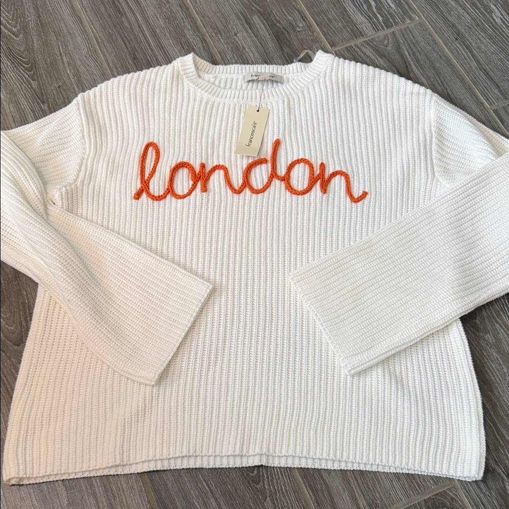 Francesca's Collections London embroidered White Knit ribbed Sweater small NWT